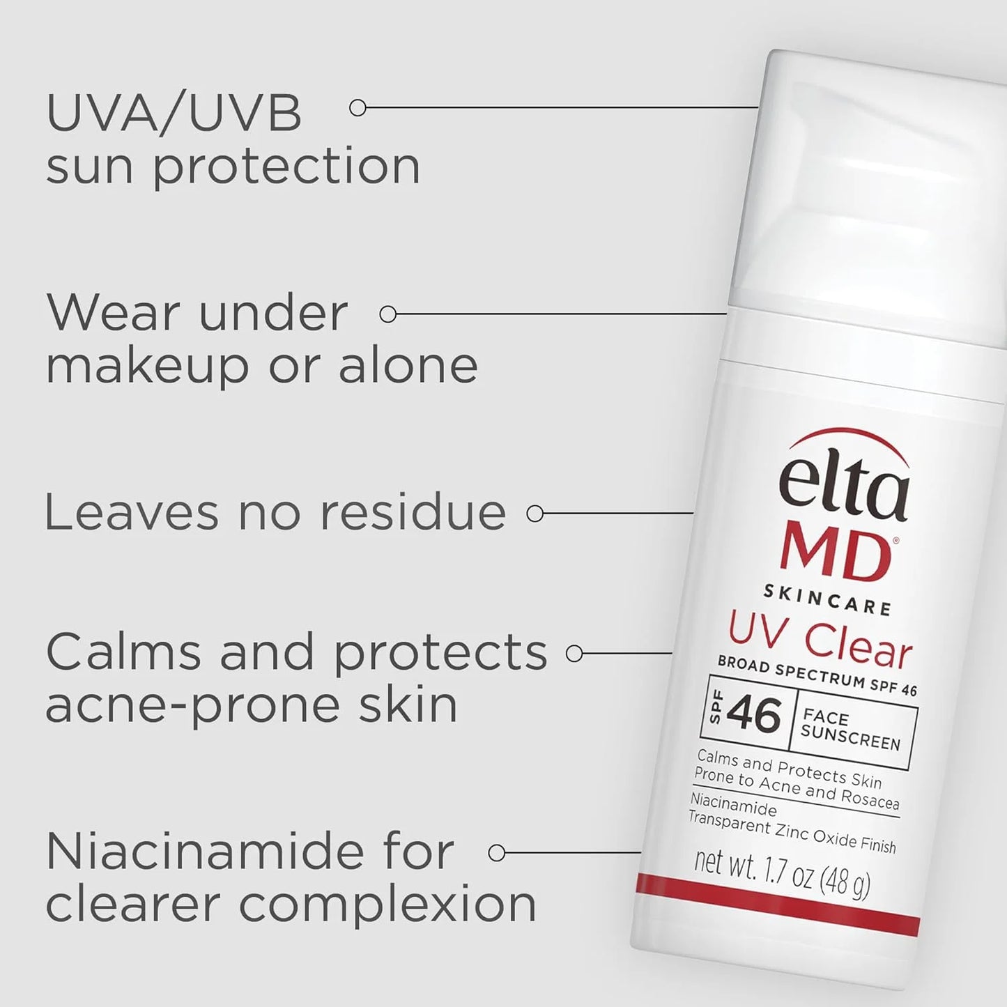 EltaMD UV Clear Face Sunscreen SPF 46, Oil Free Sunscreen for Face with Zinc Oxide, Dermatologist Recommended Lotion, 1.7 oz Pump