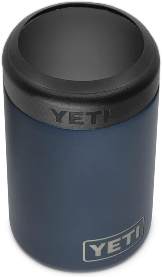 A navy blue YETI Rambler Colster can insulator with a black gasket.