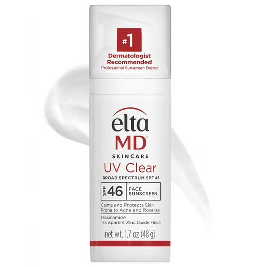 Product shot of EltaMD UV Clear SPF 46 facial sunscreen, a dermatologist-recommended brand for acne-prone skin.